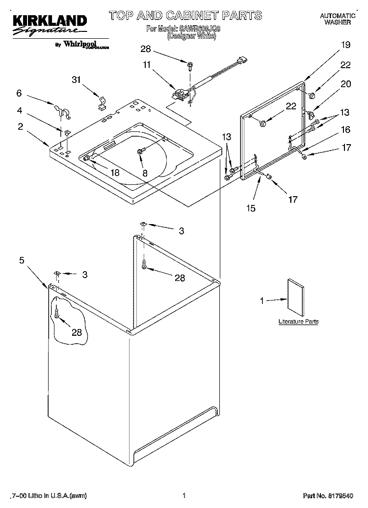 TOP AND CABINET, LITERATURE Diagram and Parts List for SAWB600JQ0  Whirlpool Washer
