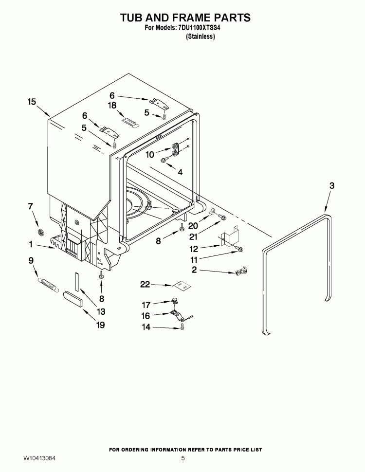 TUB AND FRAME PARTS Diagram and Parts List for 7DU1100XTSS4  Whirlpool Dishwasher