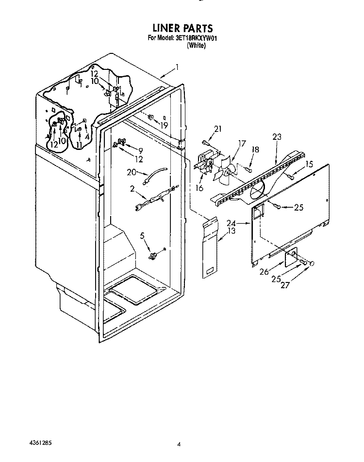 LINER Diagram and Parts List for 3ET18RKXYW01  Whirlpool Refrigerator