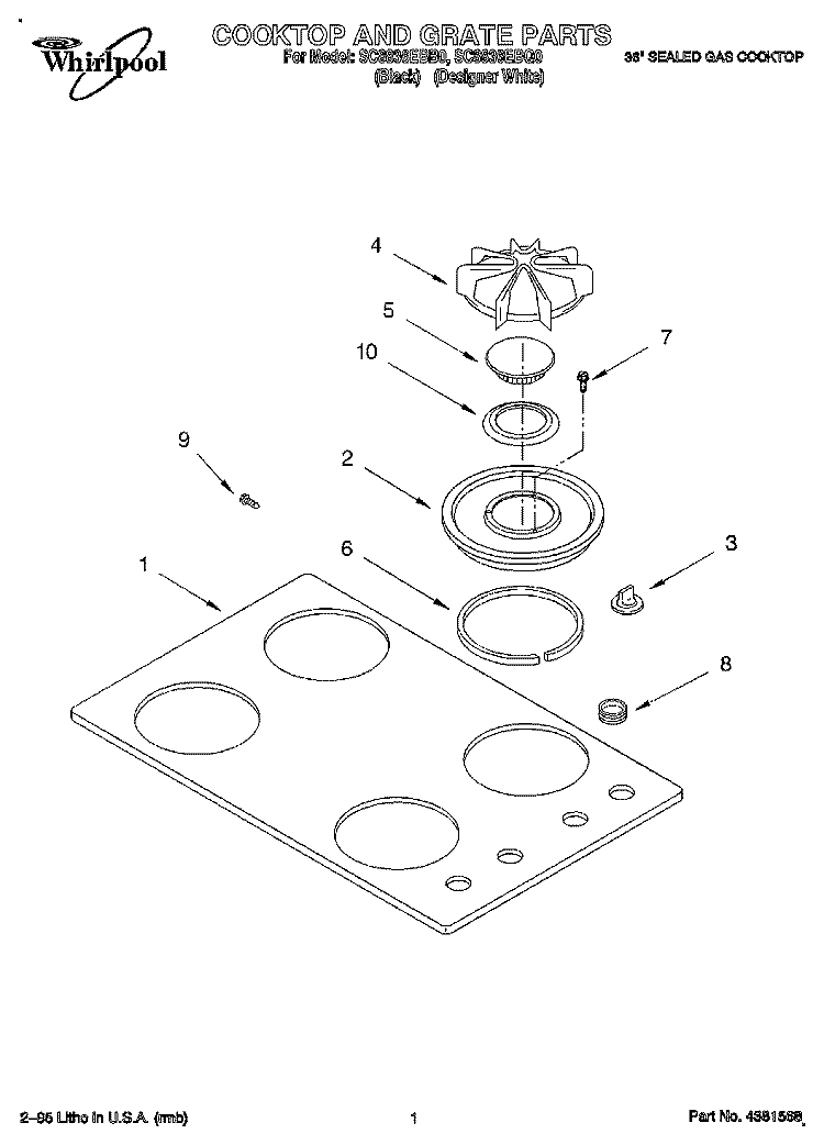 COOKTOP AND GRATE Diagram and Parts List for SC8836EBB0  Whirlpool Cooktop