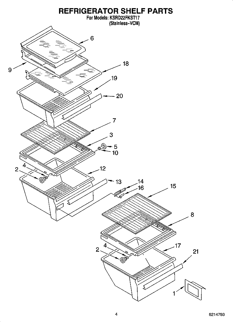 REFRIGERATOR SHELF PARTS Diagram and Parts List for KSRD22FKST17  KitchenAid Refrigerator