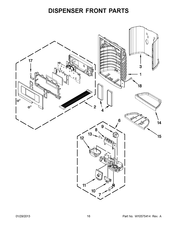 DISPENSER FRONT PARTS Diagram and Parts List for GI6FARXXF06  Whirlpool Refrigerator