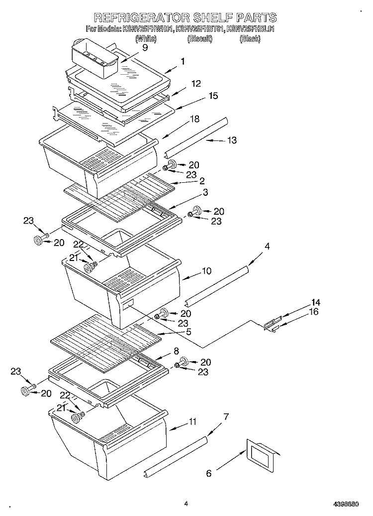 REFRIGERATOR SHELF Diagram and Parts List for KSRV25FHBT01  KitchenAid Refrigerator