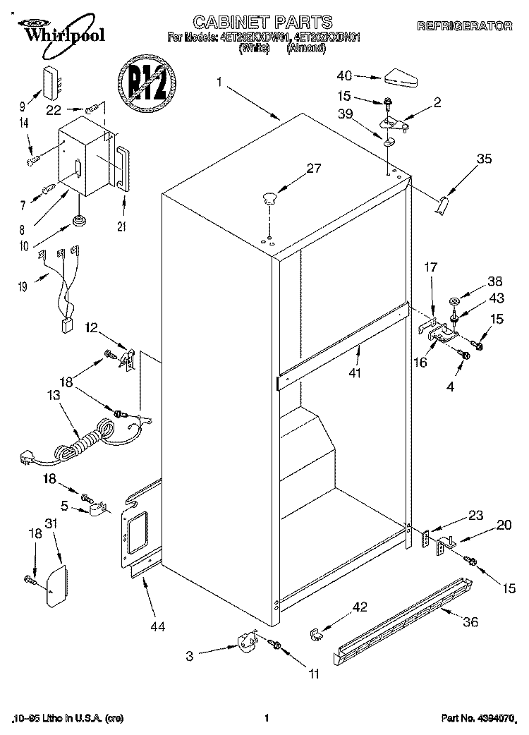 CABINET Diagram and Parts List for 4ET20ZKXDW01  Whirlpool Refrigerator