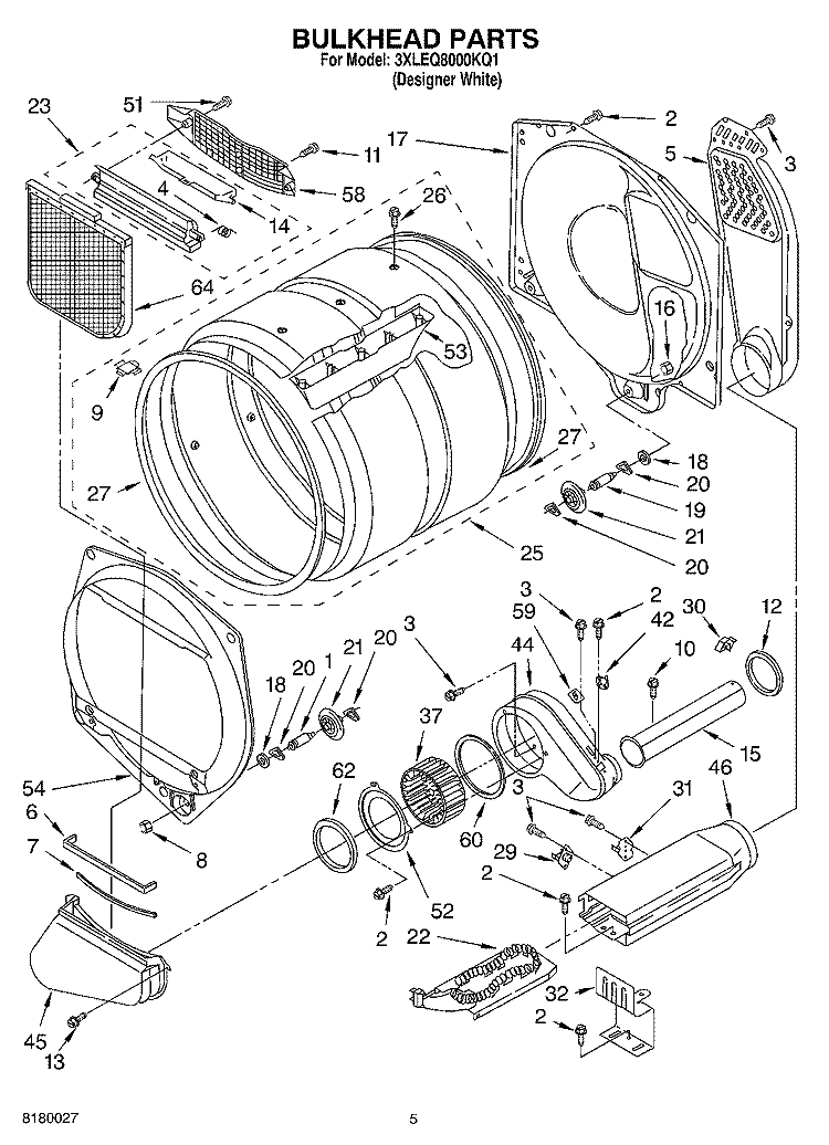 BULKHEAD PARTS Diagram and Parts List for 3XLEQ8000KQ1  Whirlpool Dryer
