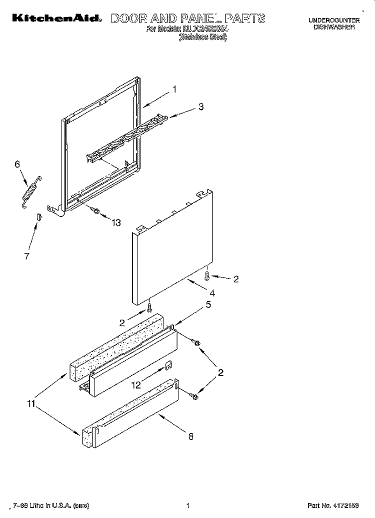 DOOR AND PANEL Diagram and Parts List for KUDC24SESS4  KitchenAid Dishwasher