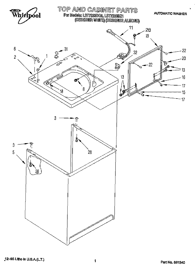 TOP AND CABINET, LIT/OPTIONAL Diagram and Parts List for LST7233DQ1  Whirlpool Washer