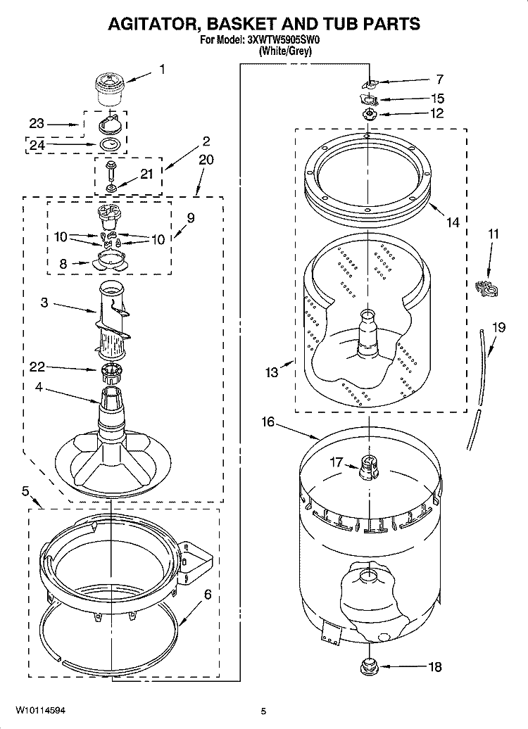 AGITATOR, BASKET AND TUB PARTS Diagram and Parts List for 3XWTW5905SW0  Whirlpool Washer