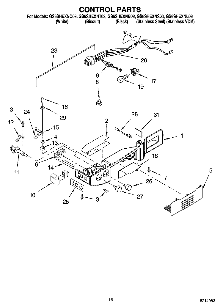 CONTROL PARTS Diagram and Parts List for GS6SHEXNT03  Whirlpool Refrigerator