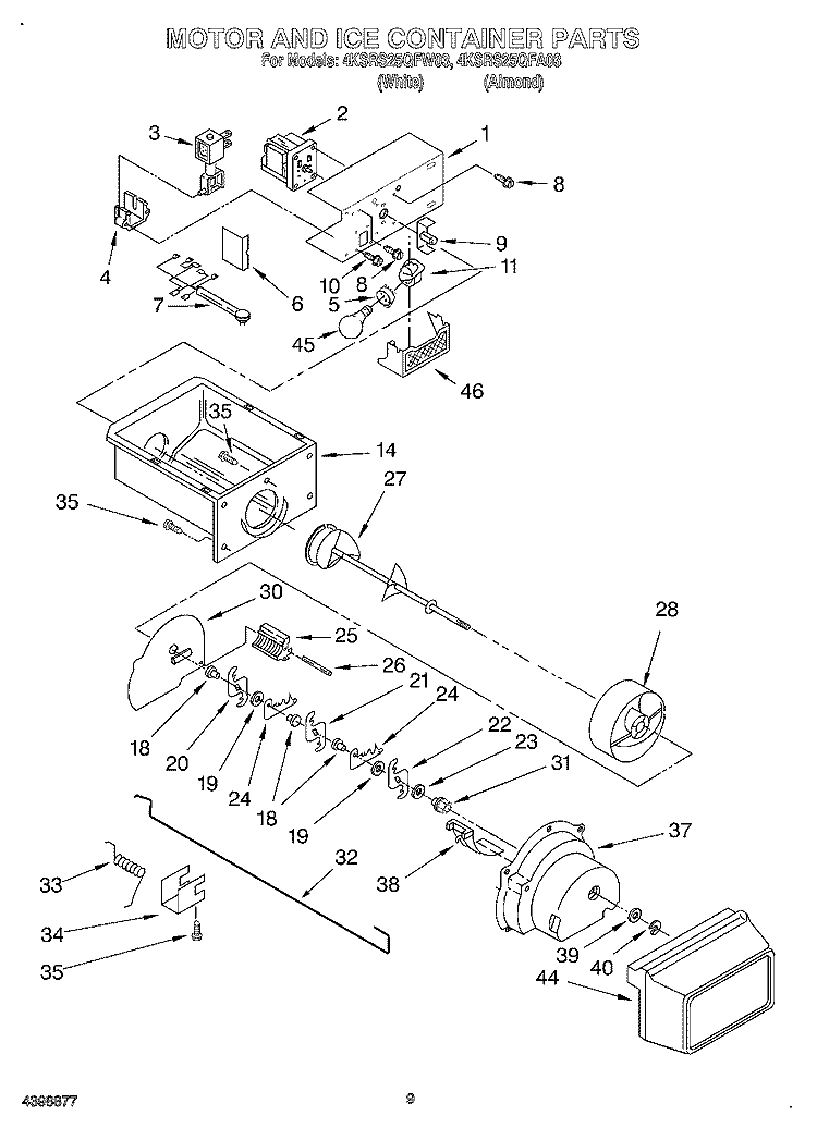 MOTOR AND ICE CONTAINER Diagram and Parts List for 4KSRS25QFW03  KitchenAid Refrigerator