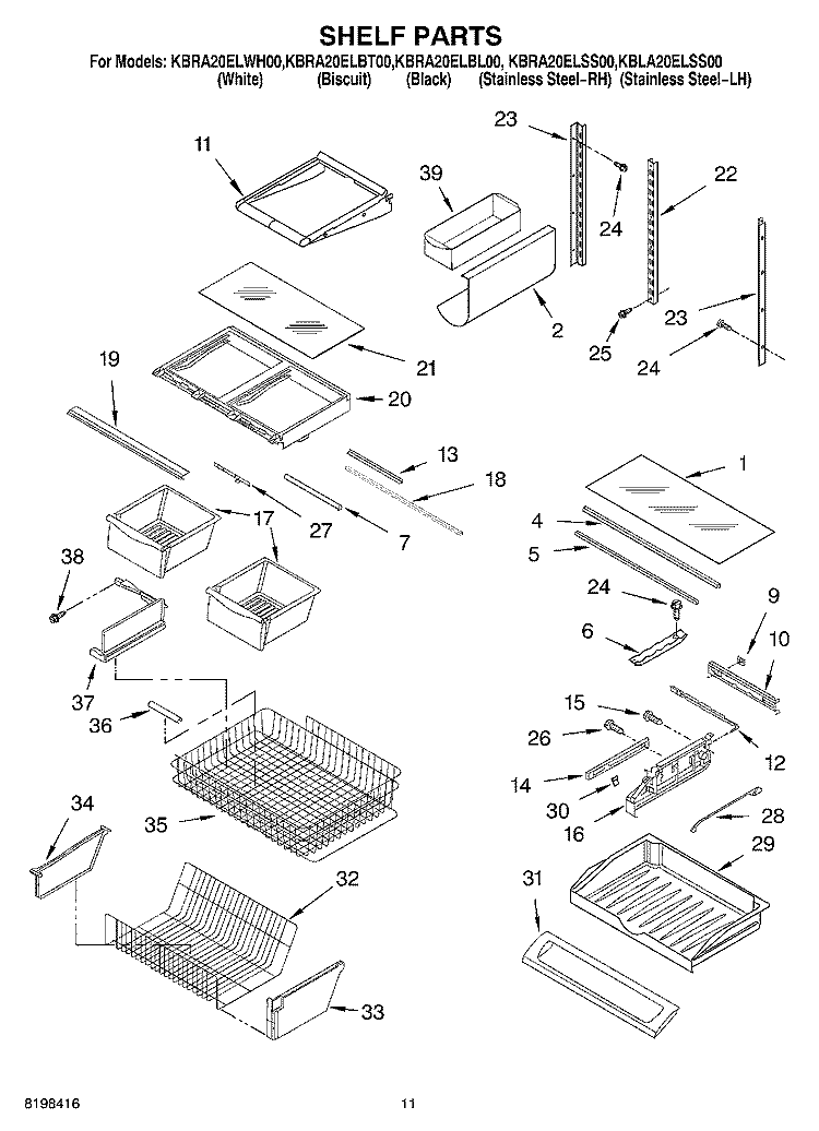 SHELF PARTS Diagram and Parts List for KBRA20ELBL00  KitchenAid Refrigerator