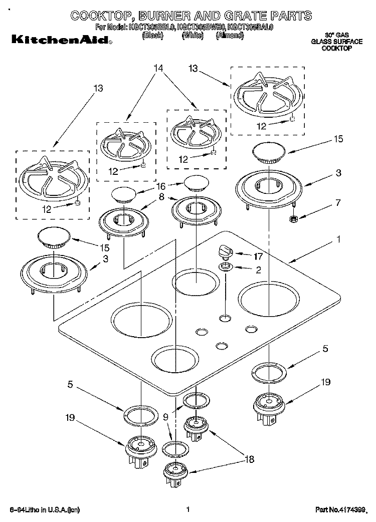 COOKTOP, BURNER AND GRATE Diagram and Parts List for KGCT305BBL0  KitchenAid Cooktop