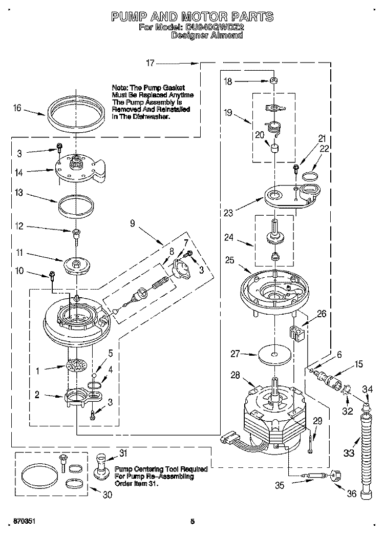 PUMP AND MOTOR Diagram and Parts List for DU940QWDZ2  Whirlpool Dishwasher