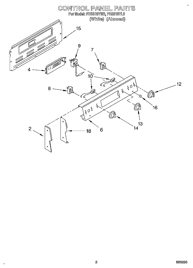 CONTROL PANEL Diagram and Parts List for FES310YL2  Whirlpool Range