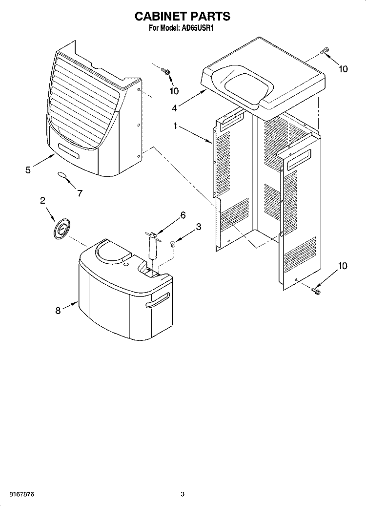 CABINET PARTS Diagram and Parts List for AD65USR1  Whirlpool Dehumidifier