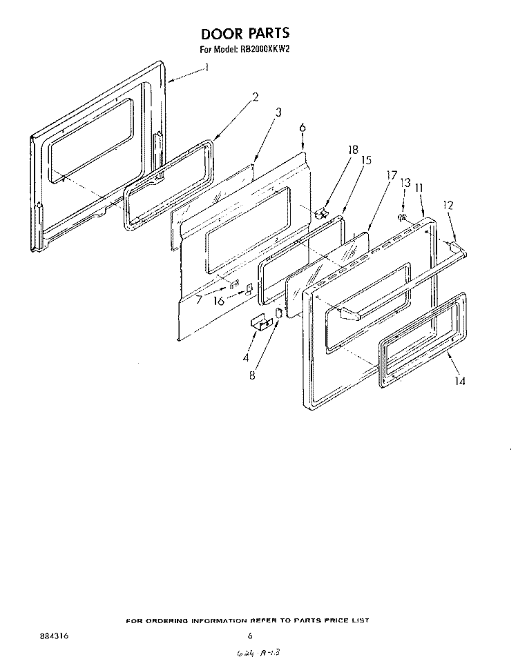 DOOR Diagram and Parts List for RB2000XKW2  Whirlpool Wall Oven