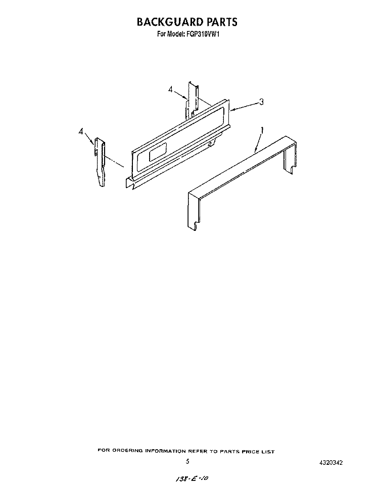 BACKGUARD Diagram and Parts List for FGP310VL1  Whirlpool Range