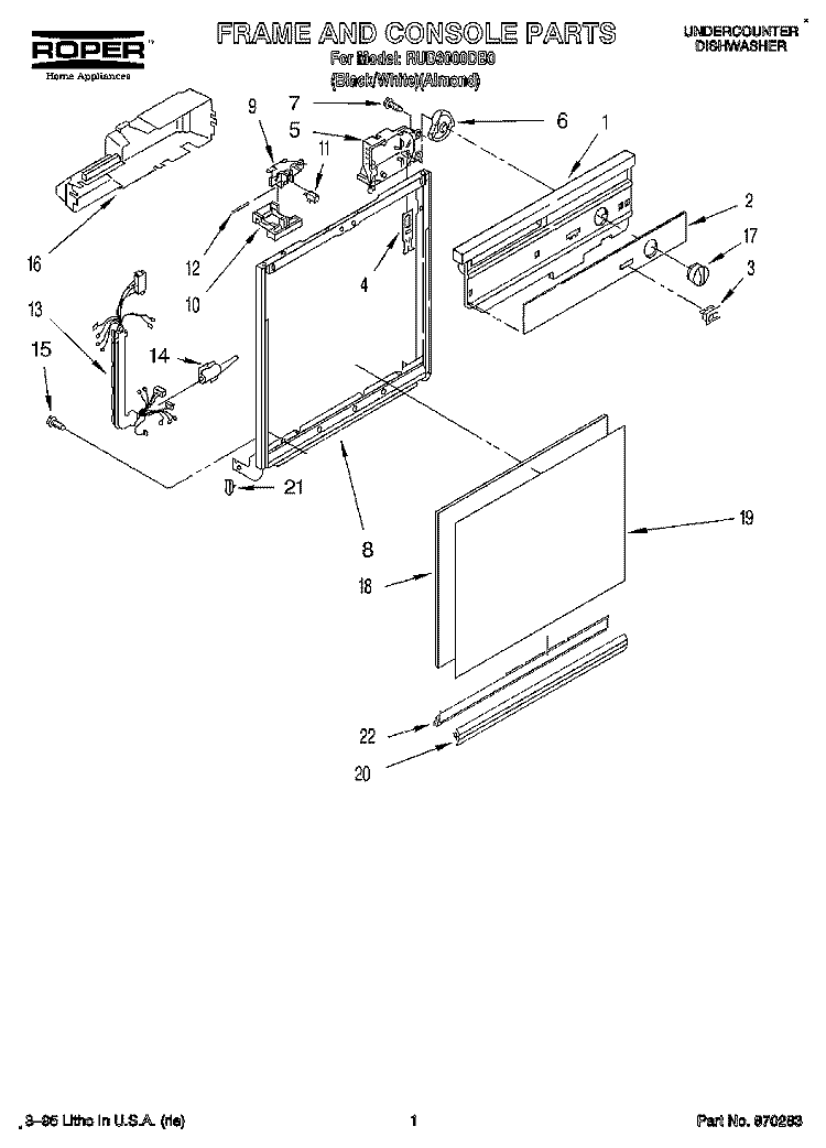 FRAME AND CONSOLE Diagram and Parts List for RUD3000DB0  Roper Dishwasher