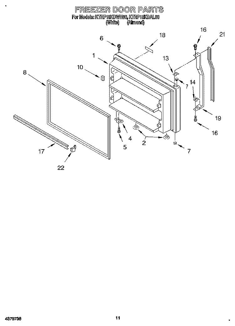 FREEZER DOOR, LIT/OPTIONAL Diagram and Parts List for KTRP18KDAL00  Whirlpool Refrigerator