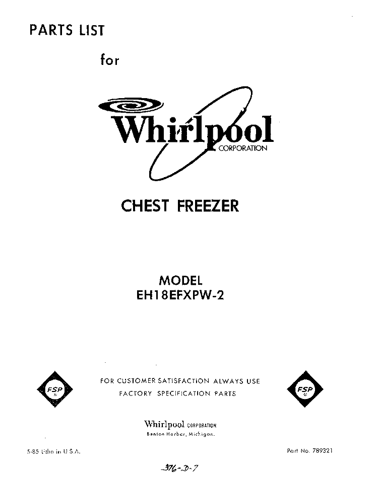 SECTION Diagram and Parts List for EH18EFXPW2  Whirlpool Freezer