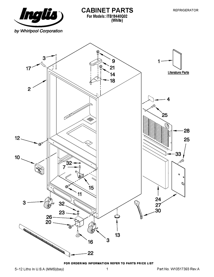 CABINET PARTS Diagram and Parts List for ITB19440Q02  Inglis Refrigerator