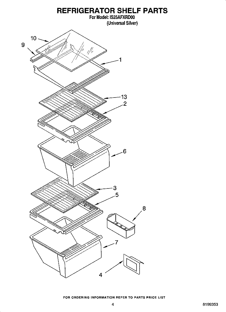 REFRIGERATOR SHELF PARTS Diagram and Parts List for IS25AFXRD00  Inglis Refrigerator