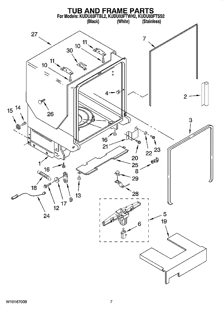 TUB AND FRAME PARTS Diagram and Parts List for KUDU03FTBL2  KitchenAid Dishwasher