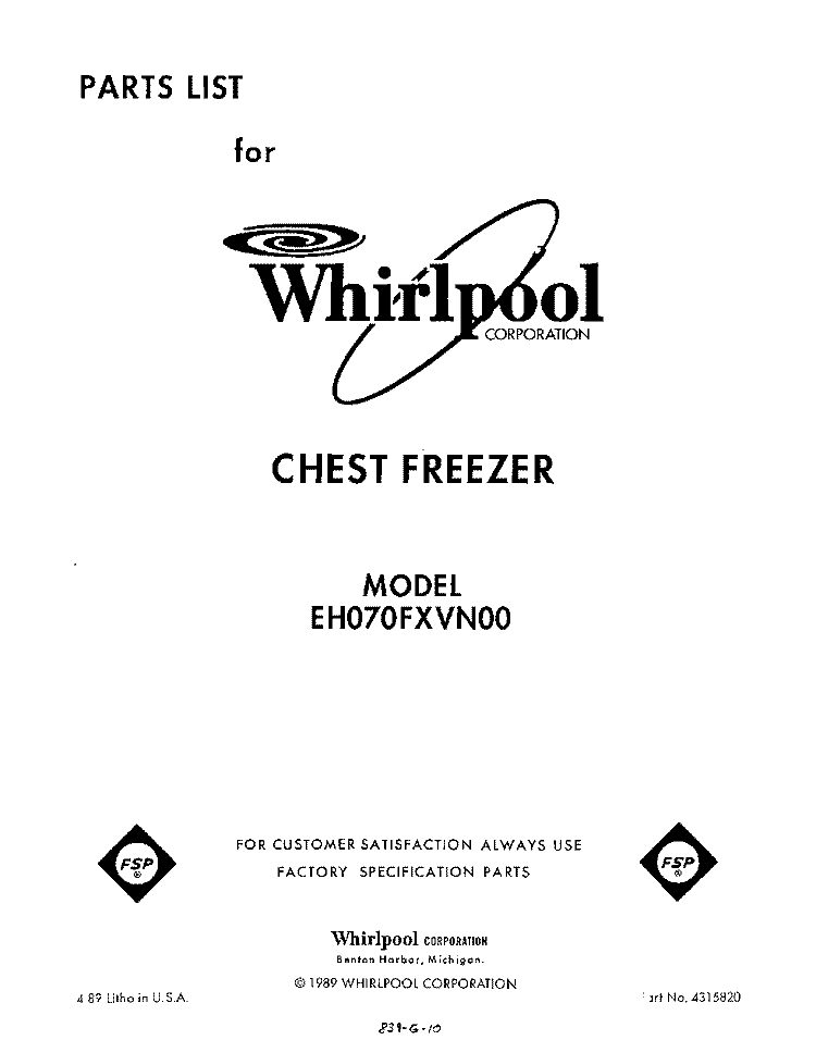 SECTION Diagram and Parts List for EH070FXVN00  Whirlpool Freezer