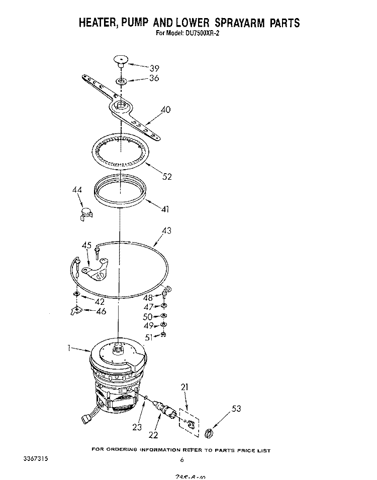 HEATER, PUMP AND LOWER SPRAYARM Diagram and Parts List for DU7500XR2  Whirlpool Dishwasher
