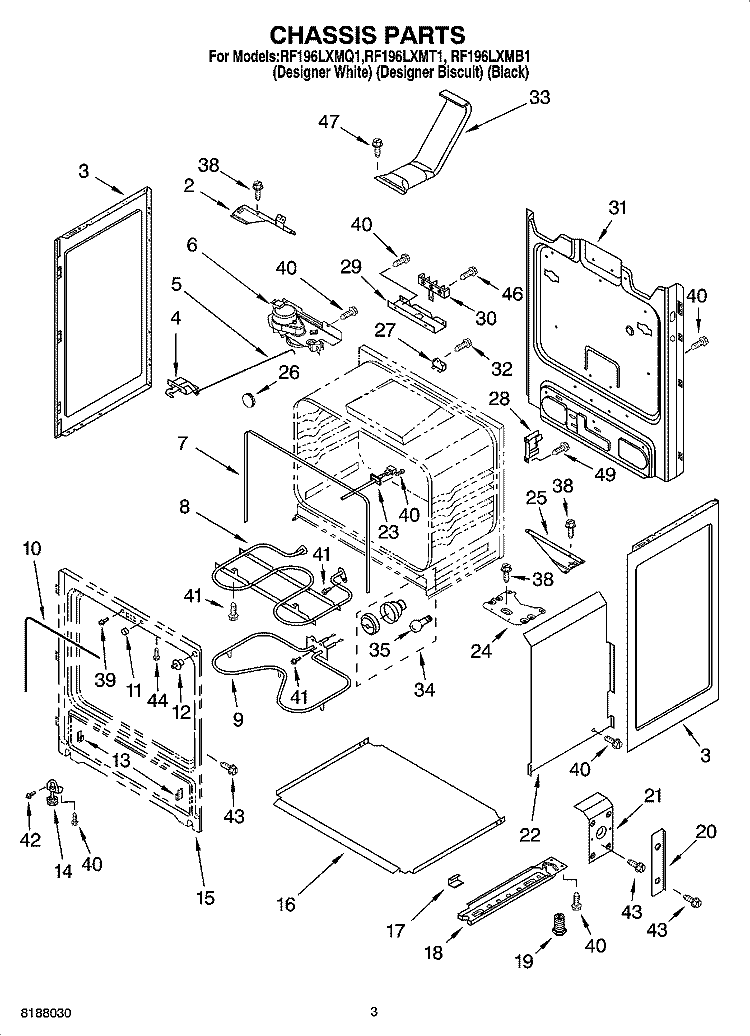 CHASSIS PARTS Diagram and Parts List for RF196LXMQ1  Whirlpool Range