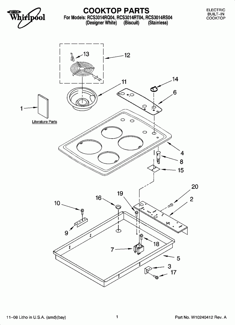 COOKTOP PARTS Diagram and Parts List for RCS3014RT04  Whirlpool Cooktop