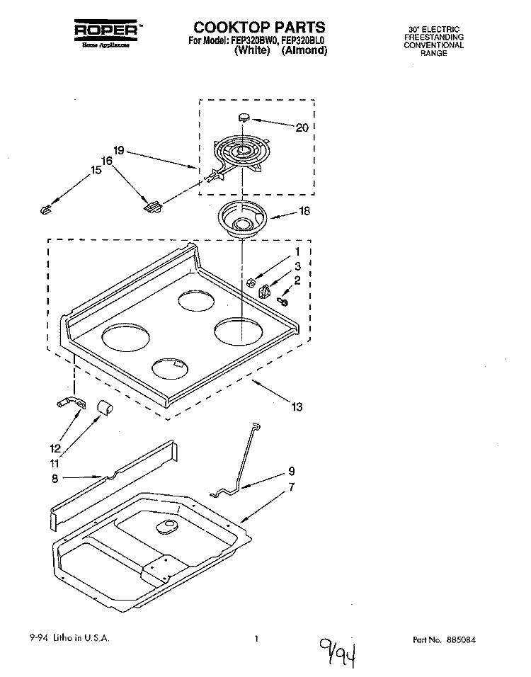 COOKTOP Diagram and Parts List for FEP320BL0  Roper Range