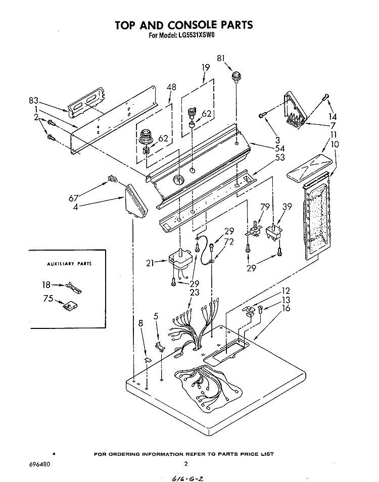 TOP AND CONSOLE , LITERATURE AND OPTIONAL Diagram and Parts List for LG5531XSW0  Whirlpool Dryer