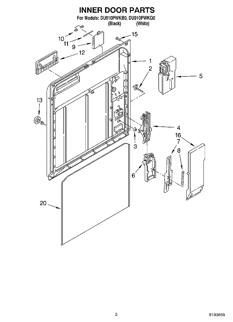 INNER DOOR Diagram and Parts List for DU910PWKQ0  Whirlpool Dishwasher