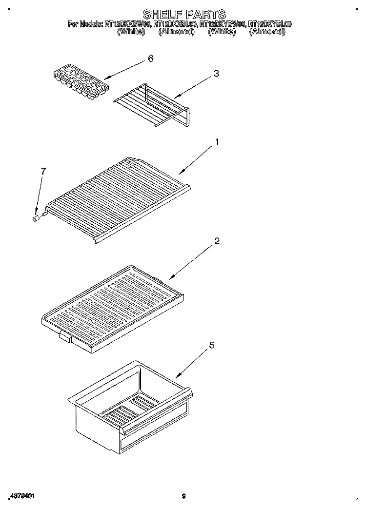 SHELF Diagram and Parts List for RT12DKXBL00  Roper Refrigerator