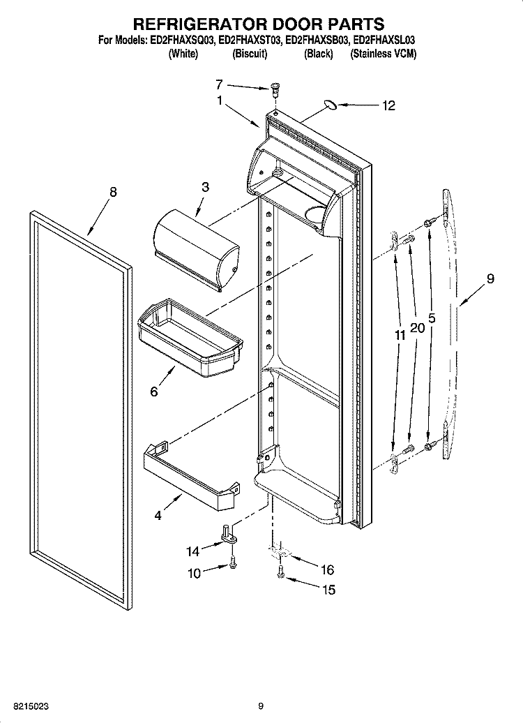 REFRIGERATOR DOOR PARTS Diagram and Parts List for ED2FHAXSL03  Whirlpool Refrigerator