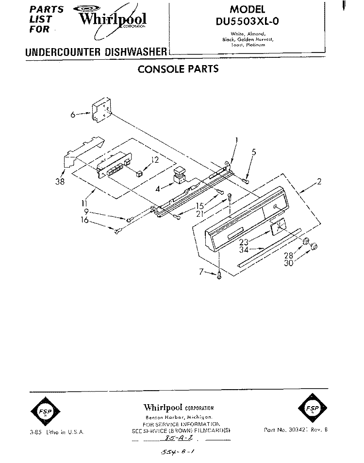 CONSOLE Diagram and Parts List for DU5503XL0  Whirlpool Dishwasher
