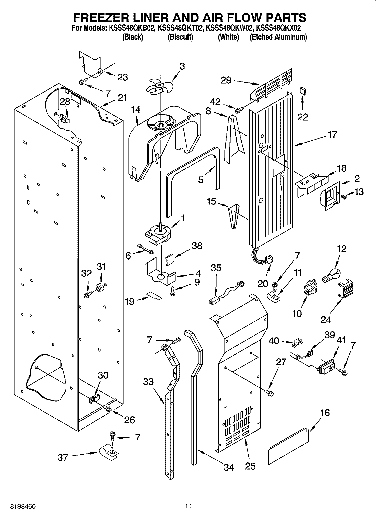 FREEZER LINER AND AIR FLOW PARTS Diagram and Parts List for KSSS48QKT02  KitchenAid Refrigerator