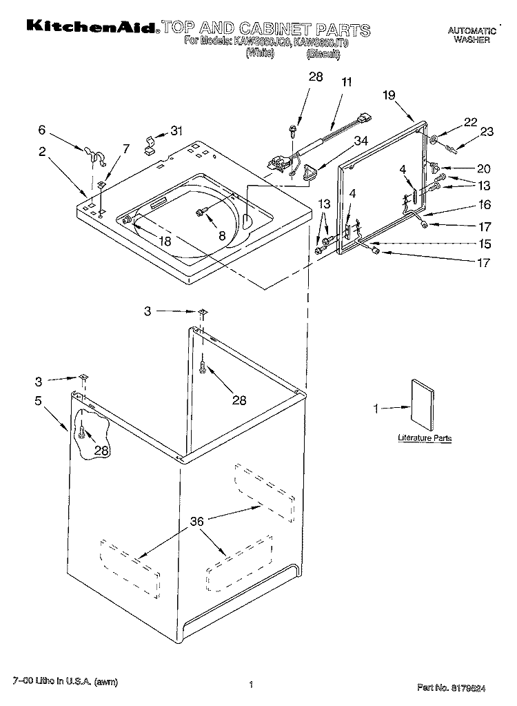 TOP AND CONSOLE, LITERATURE Diagram and Parts List for KAWS850JQ0  KitchenAid Washer