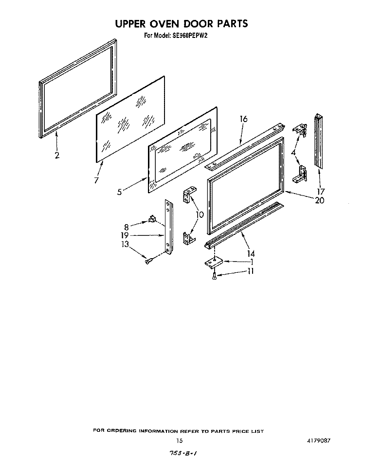 UPPER OVEN DOOR Diagram and Parts List for SE960PEPW2  Whirlpool Range