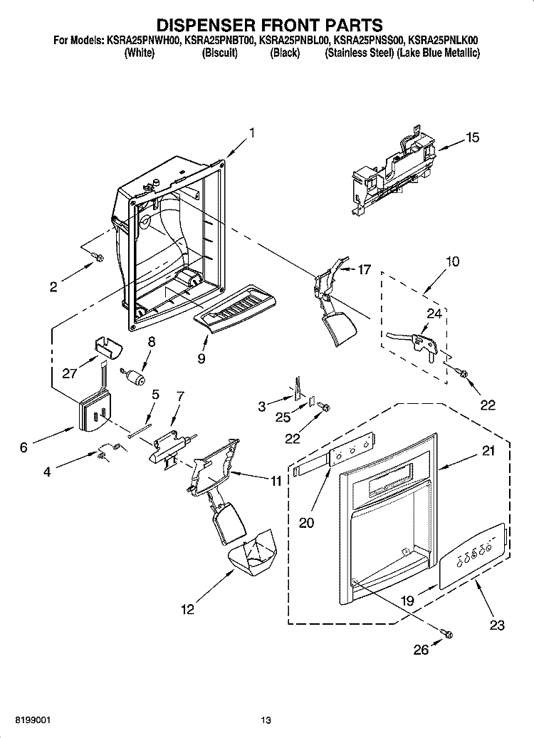 DISPENSER FRONT PARTS Diagram and Parts List for KSRA25PNBT00  KitchenAid Refrigerator