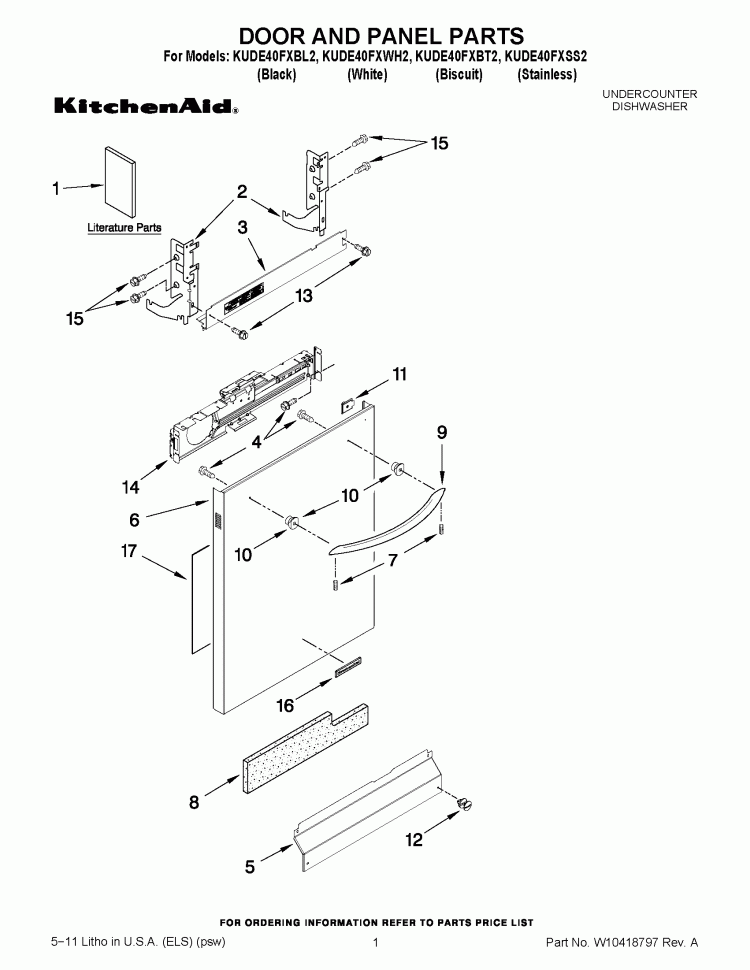 DOOR AND PANEL PARTS Diagram and Parts List for KUDE40FXSS2  KitchenAid Dishwasher