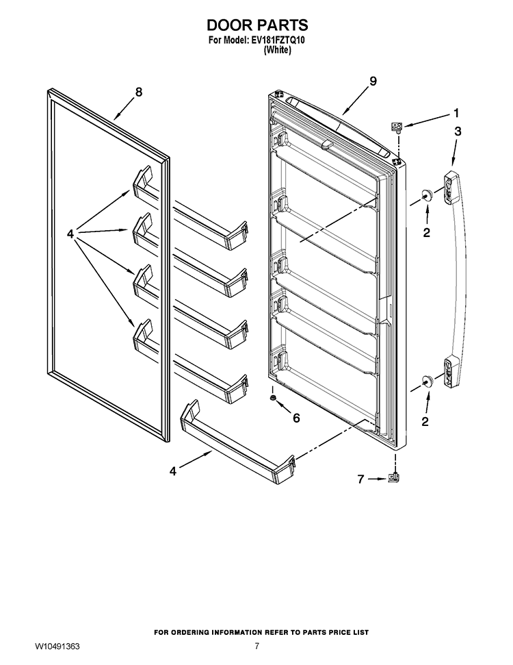 DOOR PARTS Diagram and Parts List for EV181FZTQ10  Whirlpool Freezer