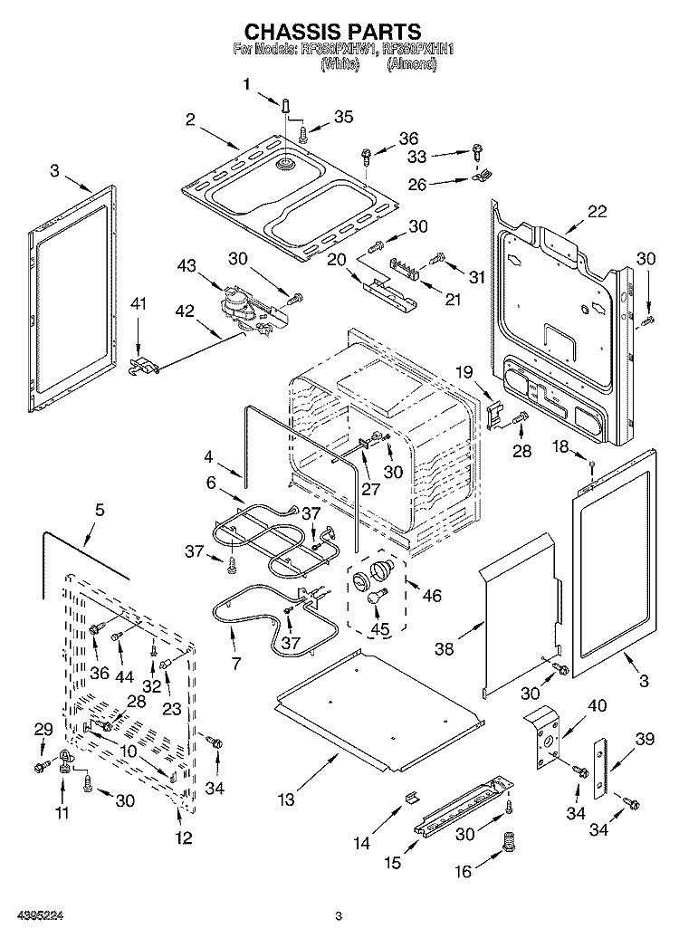 CHASSIS Diagram and Parts List for RF350PXHW1  Whirlpool Range