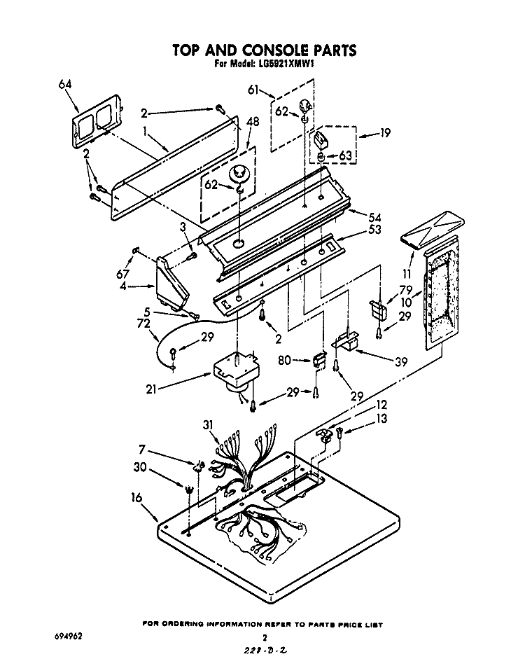 TOP AND CONSOLE , LITERATURE AND OPTIONAL Diagram and Parts List for LG5921XMW1  Whirlpool Dryer
