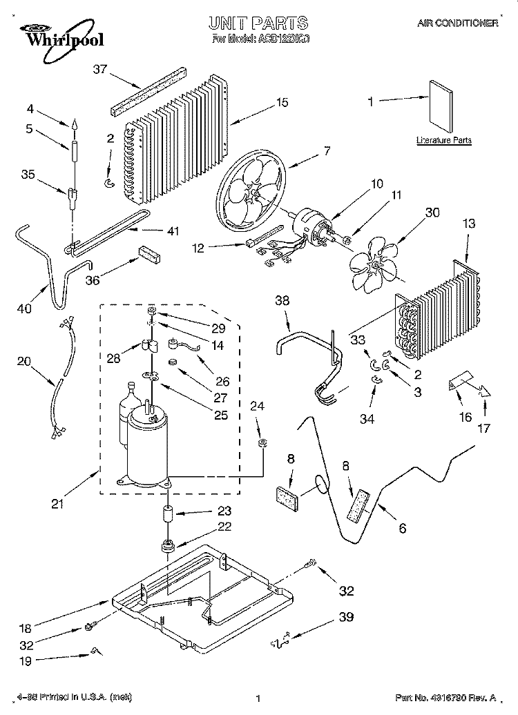 UNIT, LITERATURE Diagram and Parts List for ACD122XG0  Whirlpool Air Conditioner