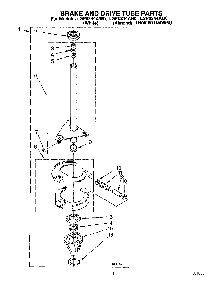 BRAKE AND DRIVE TUBE Diagram and Parts List for LSP6244AN0  Whirlpool Washer