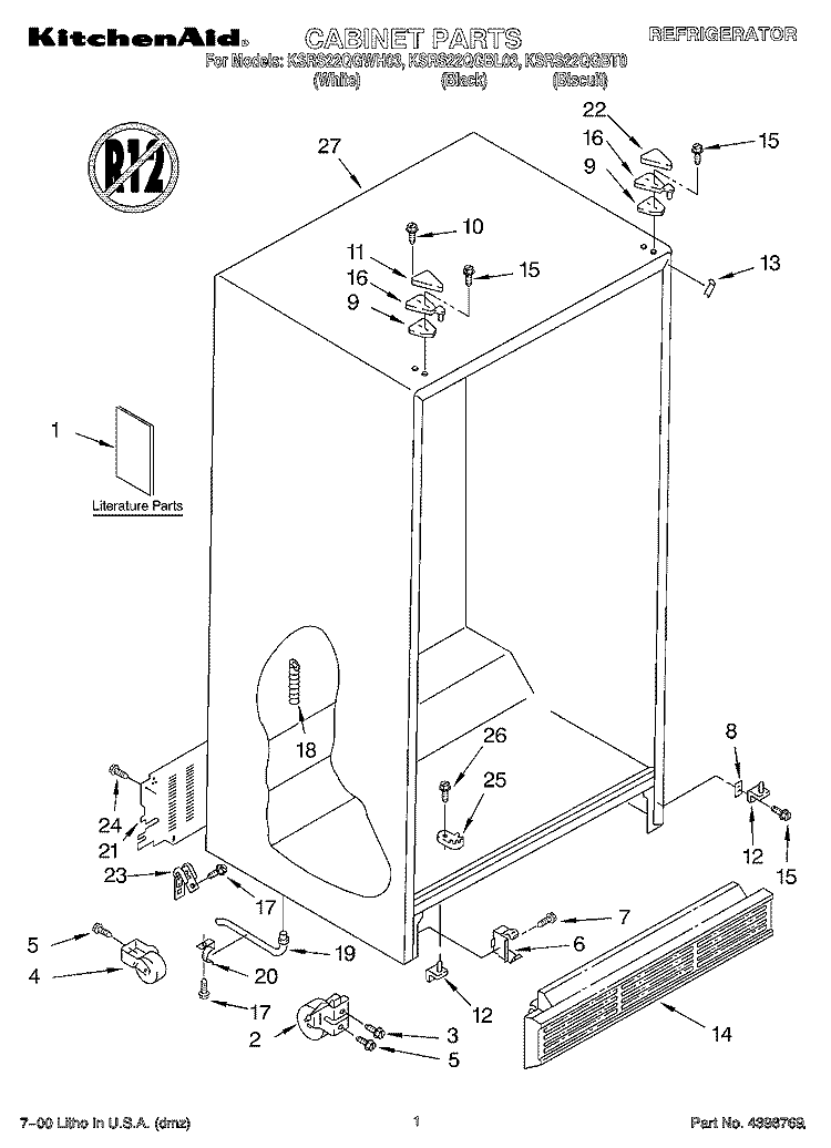 CABINET, LITERATURE Diagram and Parts List for KSRS22QGWH03  KitchenAid Refrigerator
