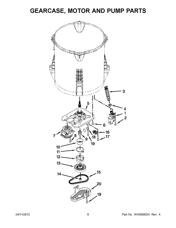 GEARCASE, MOTOR AND PUMP PARTS Diagram and Parts List for 2DWTW5500XW1  Whirlpool Washer