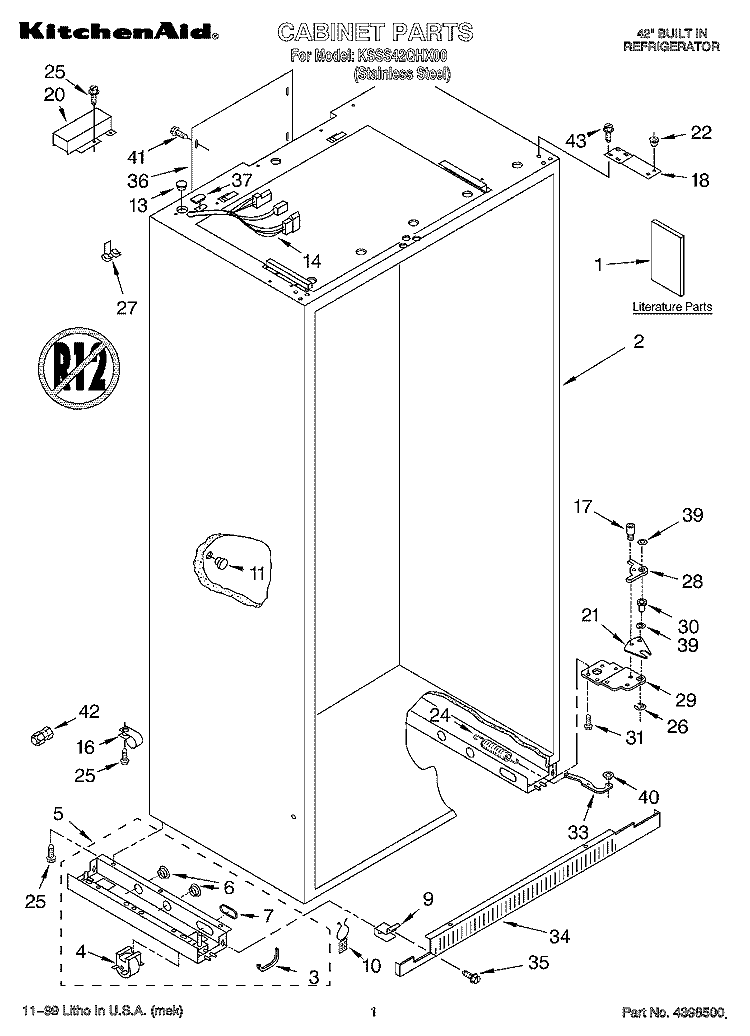 CABINET, LITERATURE Diagram and Parts List for KSSS42QHX00  KitchenAid Refrigerator